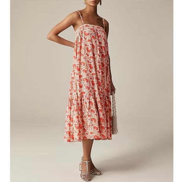 NWT J.Crew X SZ Blockprints Tiered Hem Midi Dress In Carnation Floral Size Small - Picture 1 of 12
